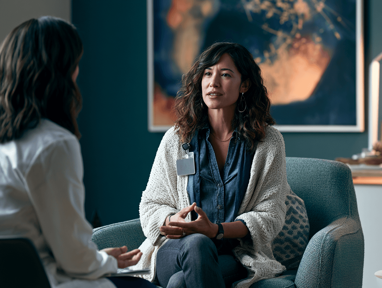 Compassionate healthcare consultation between a doctor and patient in a modern calm clinic setting, teal and dark blue medical aesthetic --ar 4:3