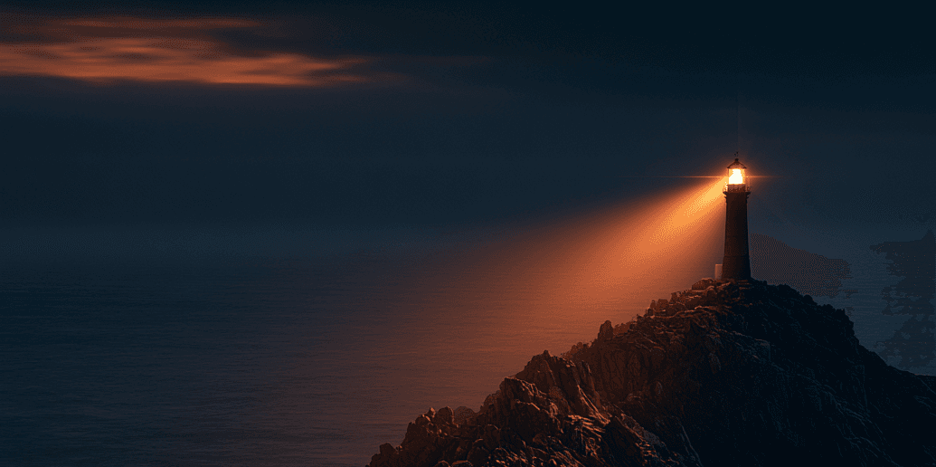Coastal lighthouse standing steadfast above peaceful ocean tides at dawn, symbolizing clarity and healthcare navigation
