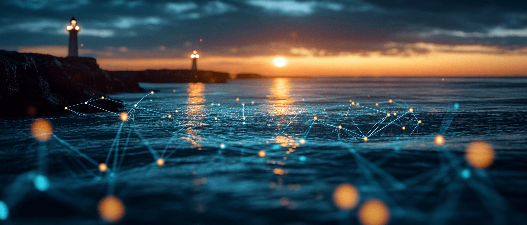 Interconnected coastal beacons and warm light beams representing an integrated healthcare architecture