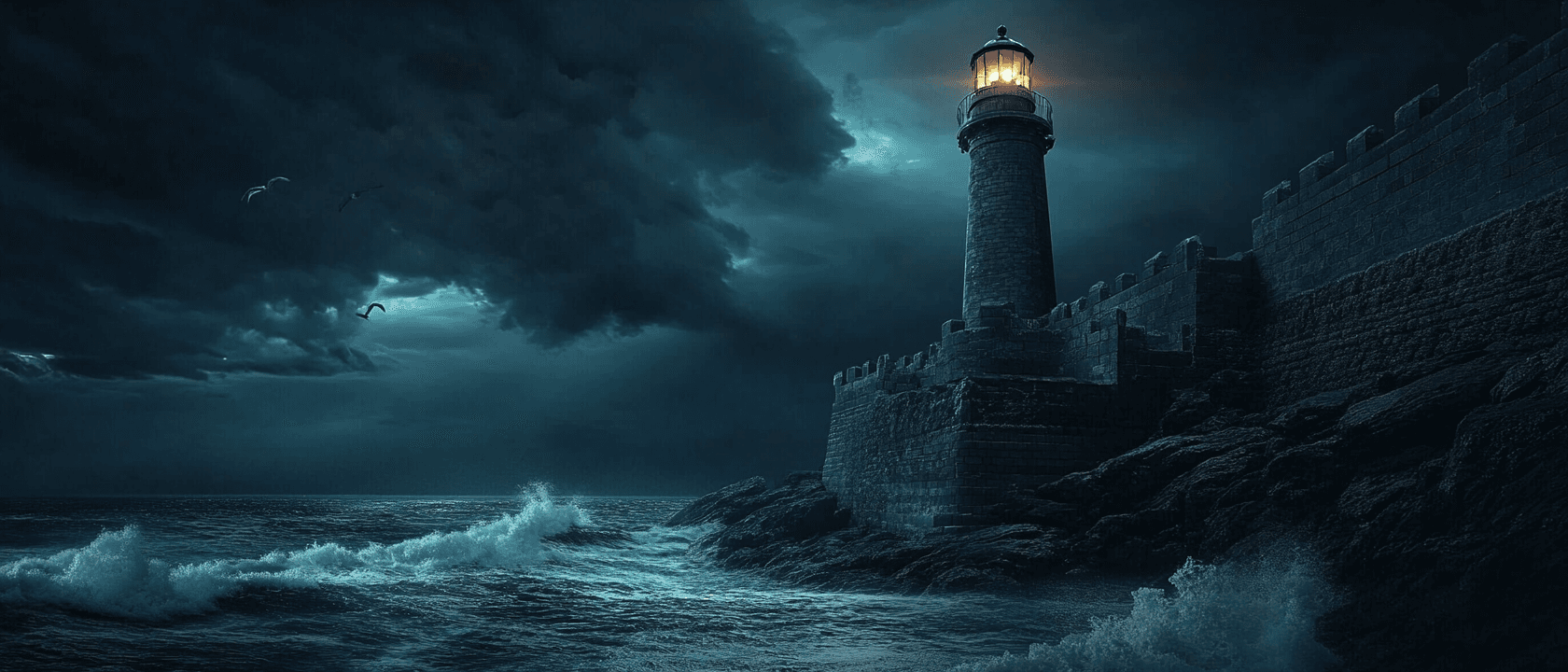 Luminous coastal beacon guarding a tranquil harbor at twilight, deep navy and teal atmosphere representing trust and security