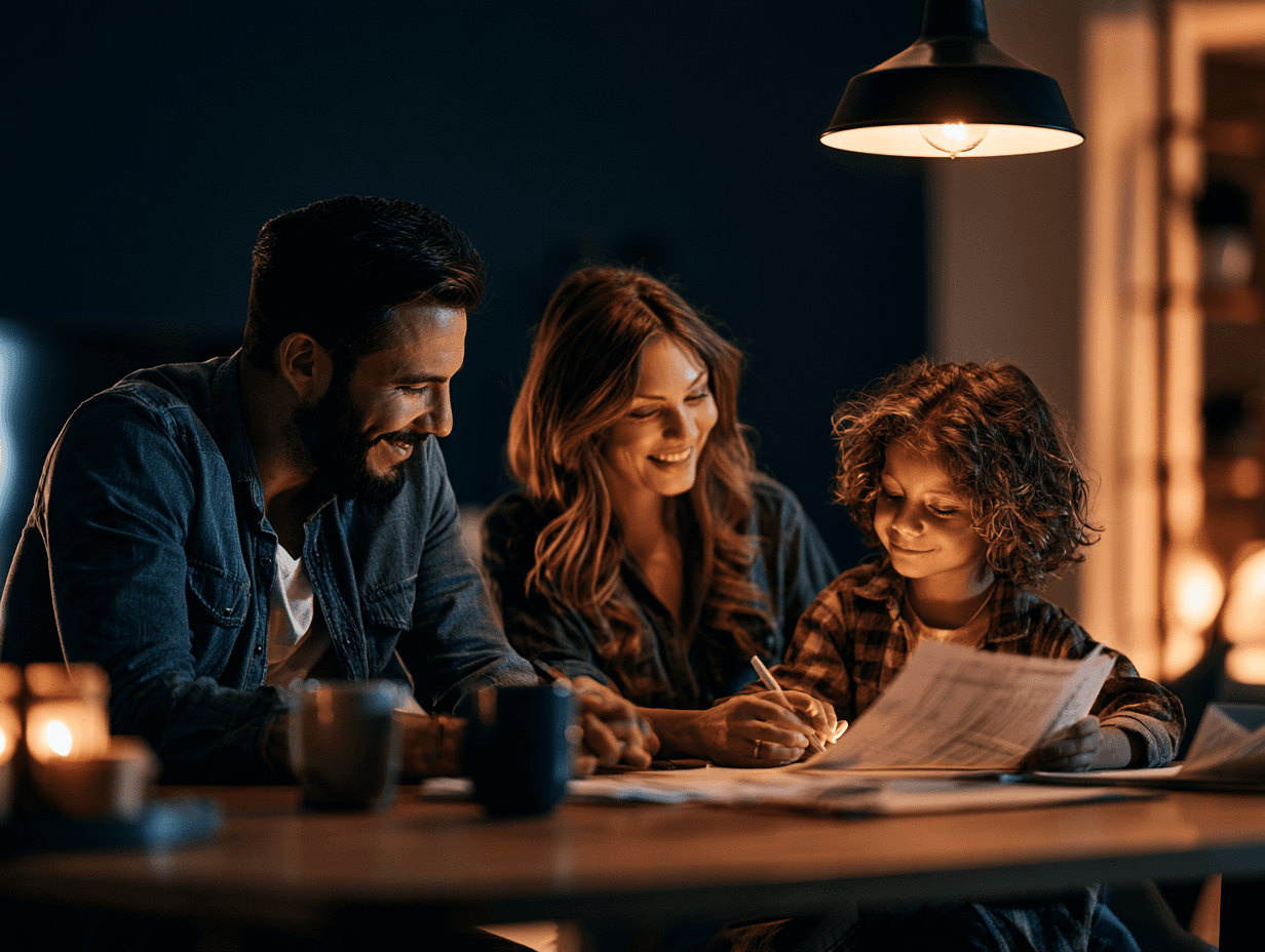 Family sitting together at a wooden table smiling with financial transparency documents, soft warm lighting, dark navy modern aesthetic --ar 4:3
