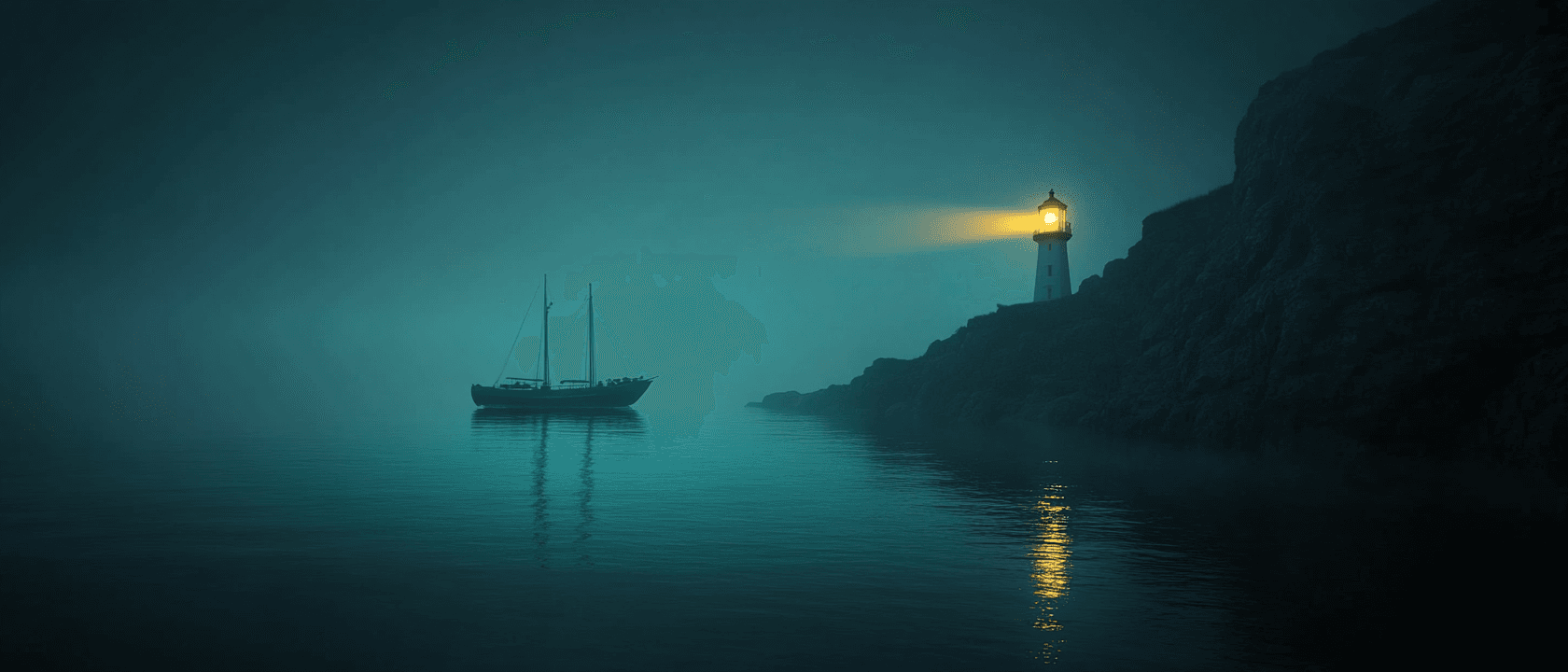 Family of three walking calmly along coastal shore with a lighthouse in background, warm sunset tones, teal and deep navy accents